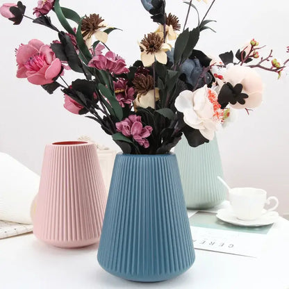Modern nordic blue ribbed ceramic creative vase living room decor
