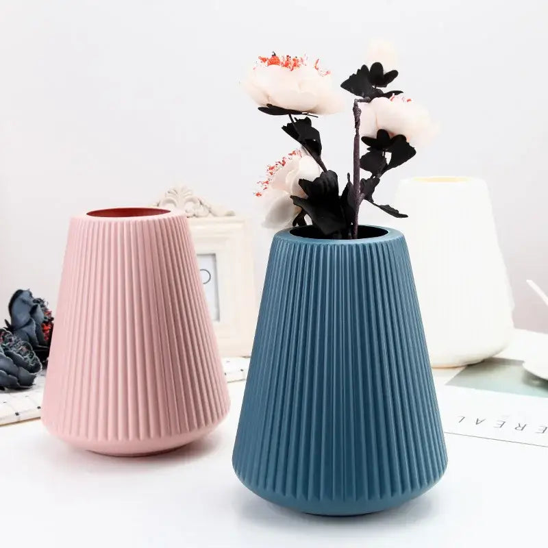 Modern nordic blue ribbed ceramic creative vase living room decor