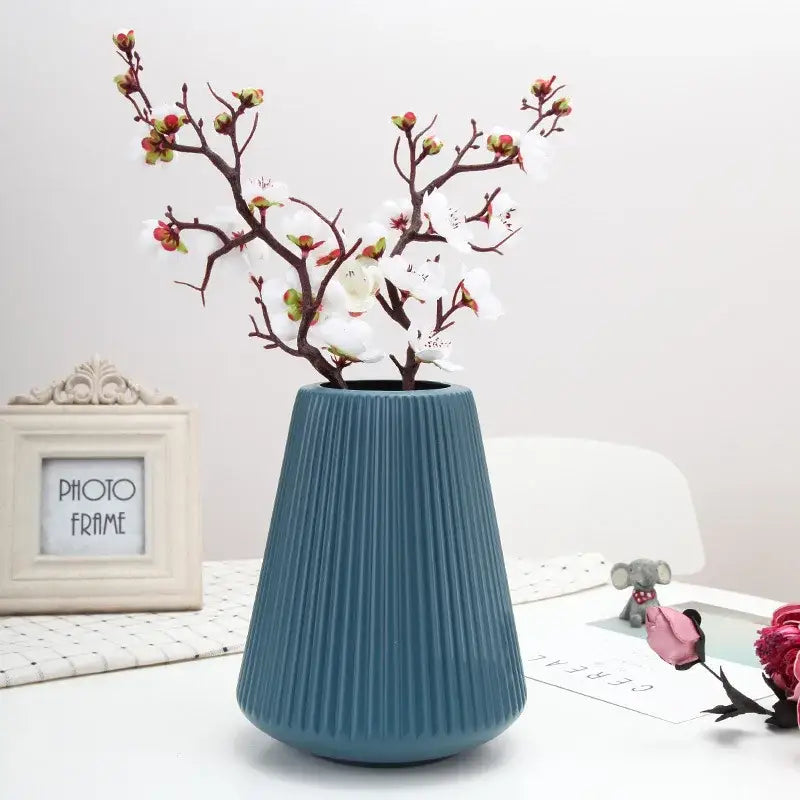 Modern nordic blue ribbed ceramic creative vase living room decor