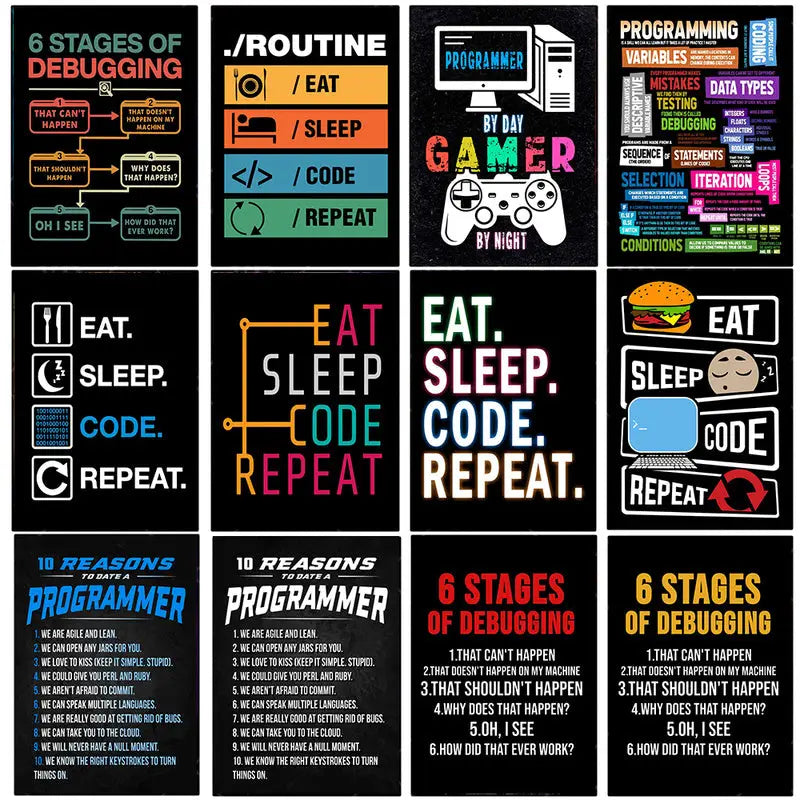 Modern 6 stages of debugging wall art office programmer gamer decor