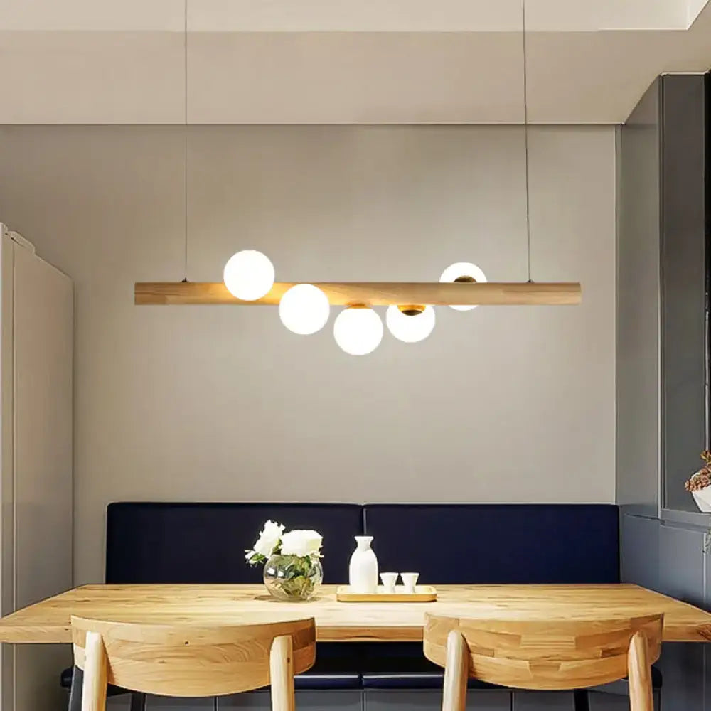 Modern wood stick pendant light kit beige dining room 5 head globe