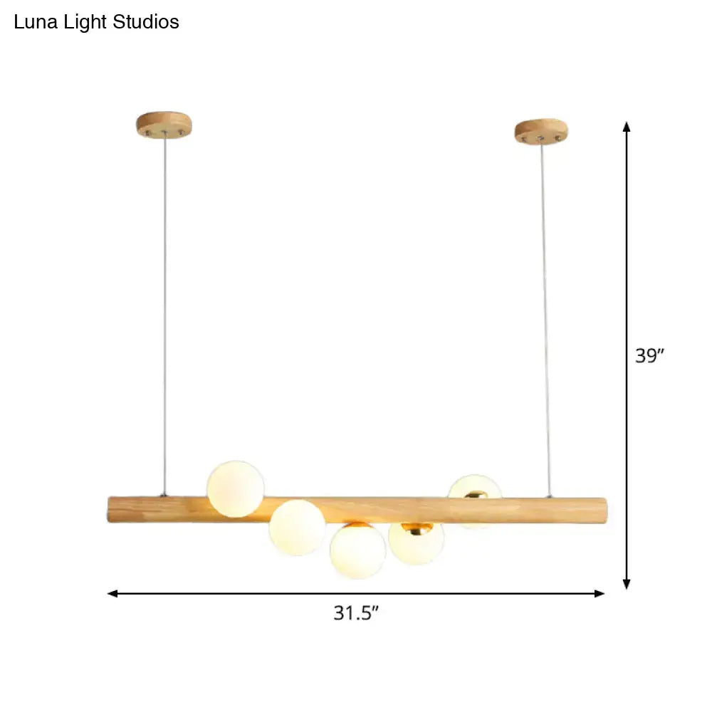 Modern wood stick pendant light kit beige dining room 5 head globe