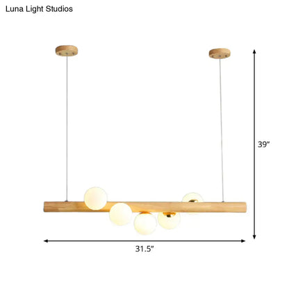 Modern wood stick pendant light kit beige dining room 5 head globe