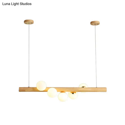 Modern wood stick pendant light kit beige dining room 5 head globe