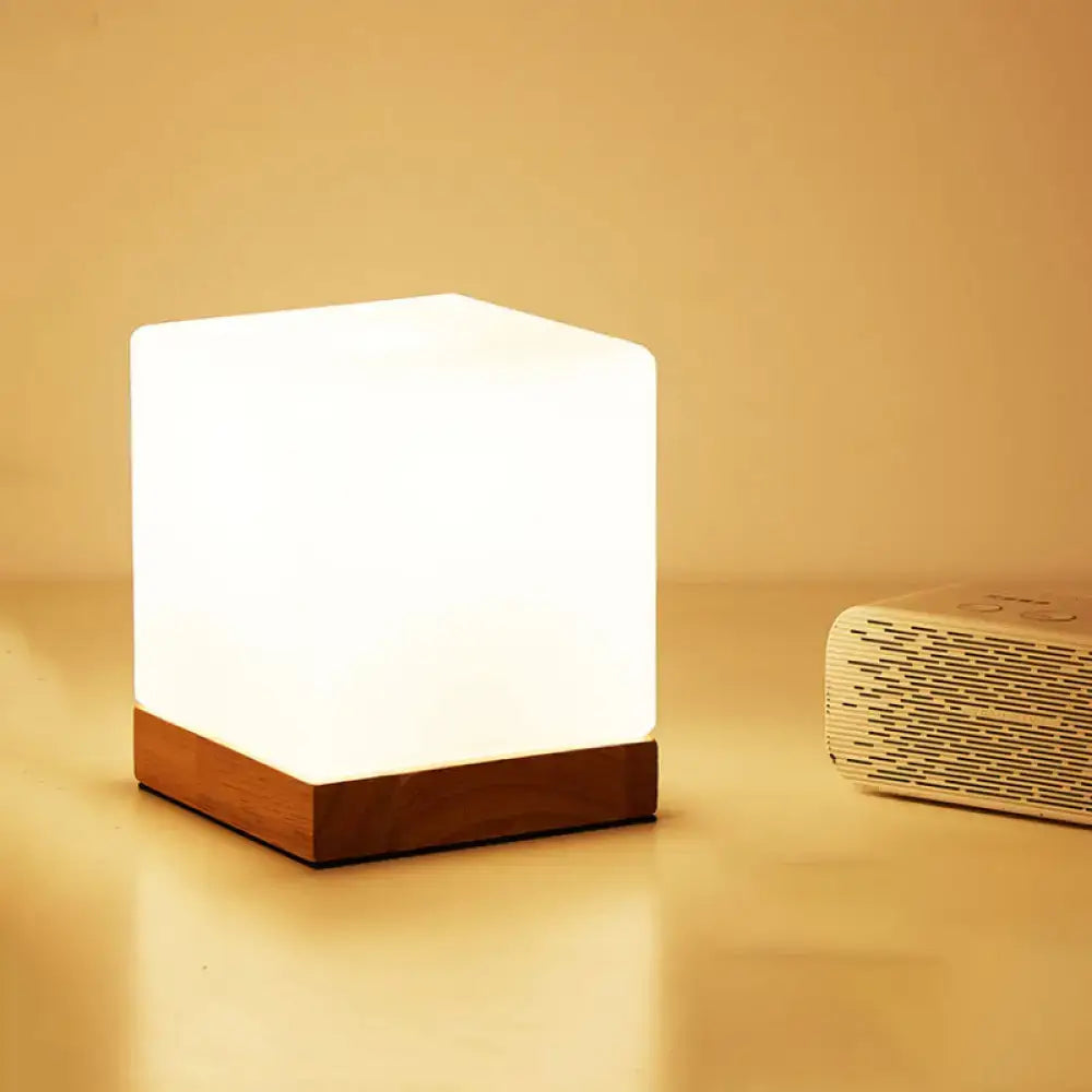 Modern white glass cube wood night light bedroom task lighting