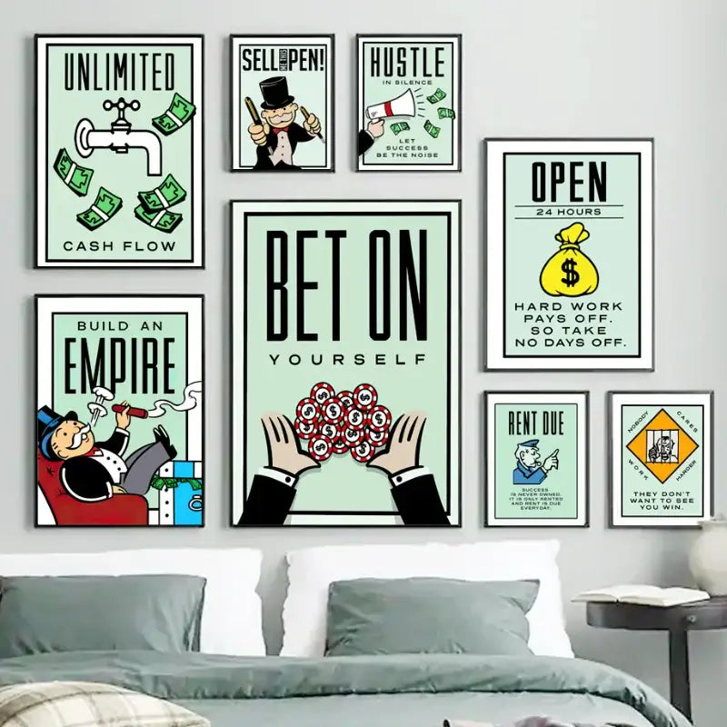 Minimalist mint and blue monopoly millionaire wall art bedroom decor