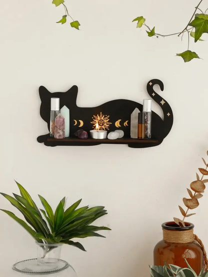 Celestial black cat moon phase wooden shelf bedroom wall decor