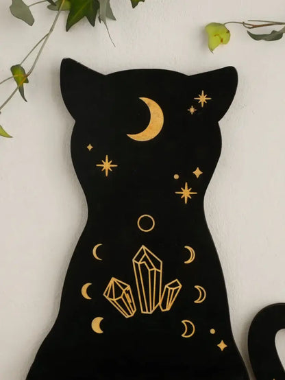 Celestial black cat moon phase wooden shelf bedroom wall decor