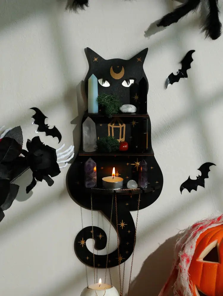 Celestial black cat moon phase wooden shelf bedroom wall decor