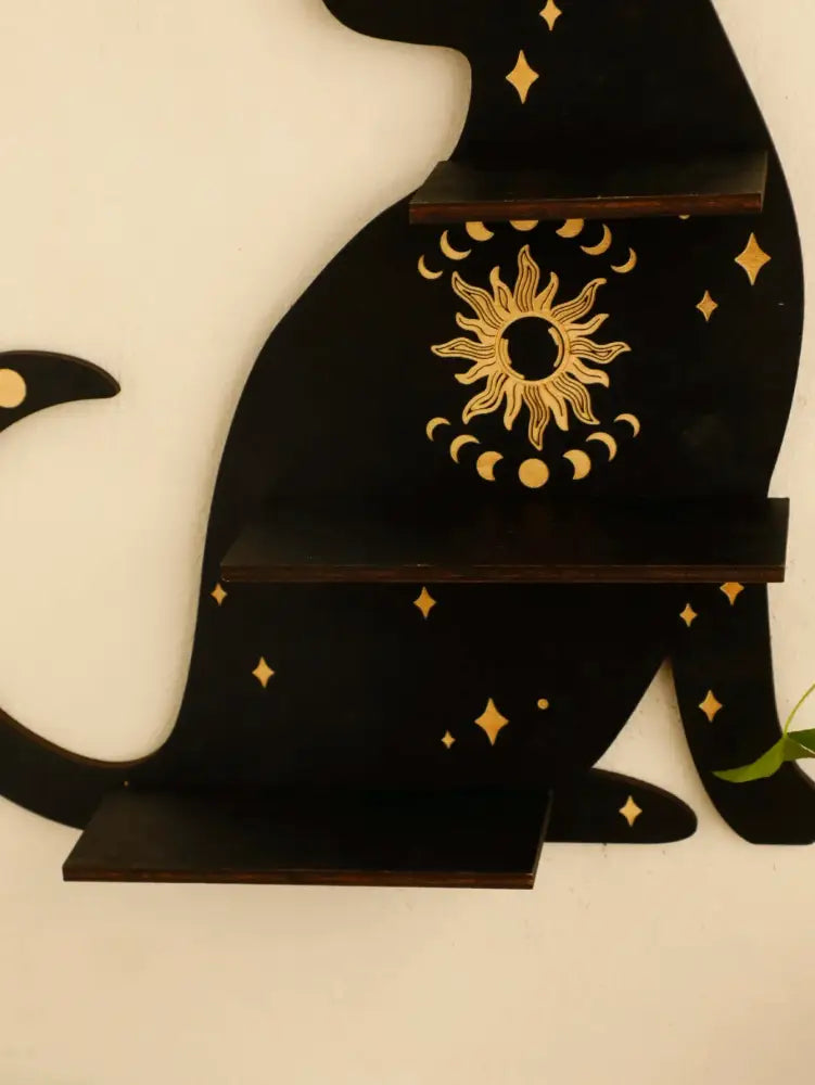 Celestial black cat moon phase wooden shelf bedroom wall decor