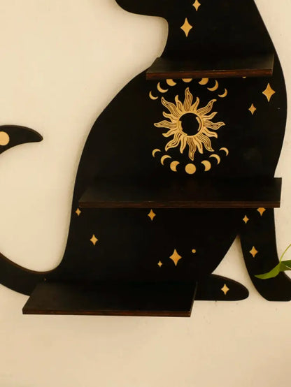 Celestial black cat moon phase wooden shelf bedroom wall decor