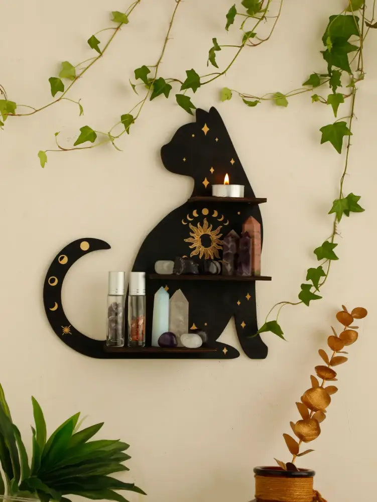 Celestial black cat moon phase wooden shelf bedroom wall decor