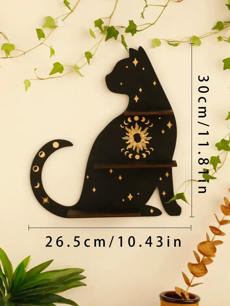 Celestial black cat moon phase wooden shelf bedroom wall decor