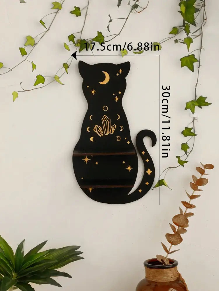 Celestial black cat moon phase wooden shelf bedroom wall decor