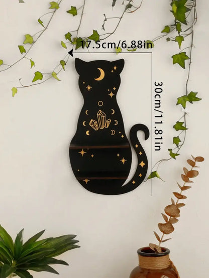 Celestial black cat moon phase wooden shelf bedroom wall decor