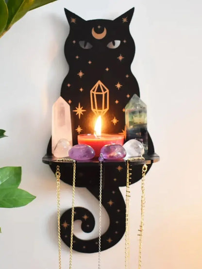 Celestial black cat moon phase wooden shelf bedroom wall decor