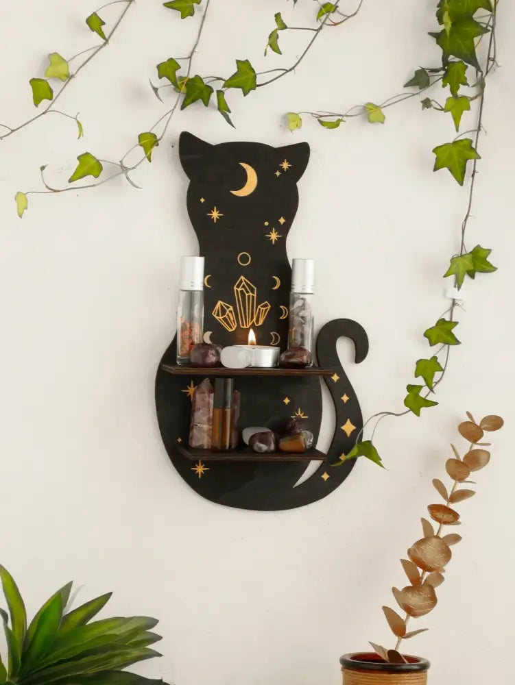 Celestial black cat moon phase wooden shelf bedroom wall decor