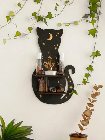 Celestial black cat moon phase wooden shelf bedroom wall decor