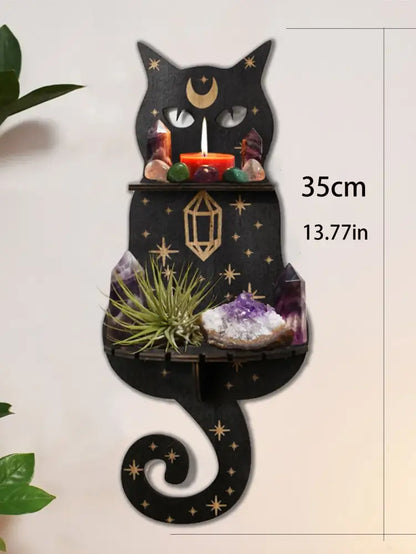 Celestial black cat moon phase wooden shelf bedroom wall decor