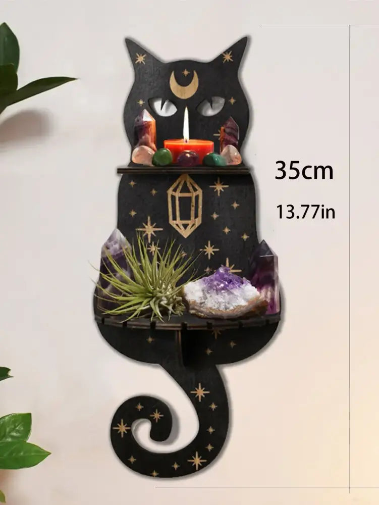Celestial black cat moon phase wooden shelf bedroom wall decor