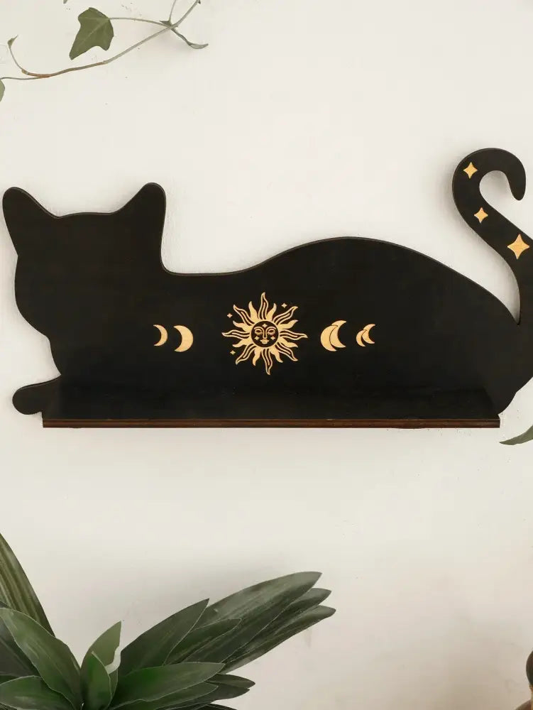 Celestial black cat moon phase wooden shelf bedroom wall decor