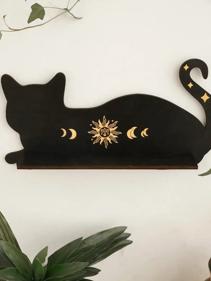 Celestial black cat moon phase wooden shelf bedroom wall decor