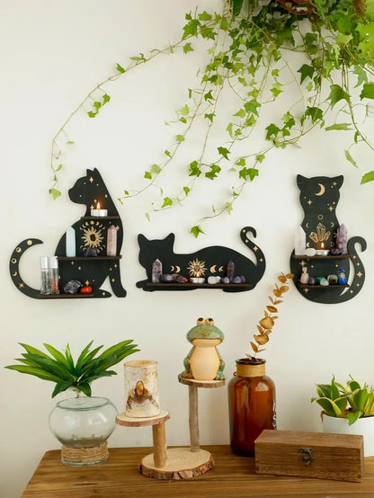 Celestial black cat moon phase wooden shelf bedroom wall decor