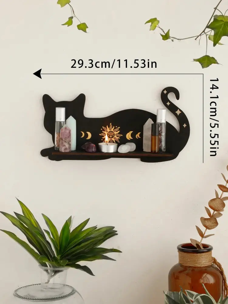 Celestial black cat moon phase wooden shelf bedroom wall decor