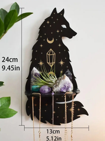 Celestial black cat moon phase wooden shelf bedroom wall decor