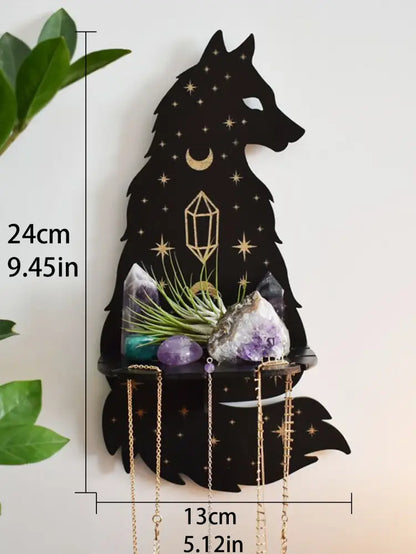 Celestial black cat moon phase wooden shelf bedroom wall decor