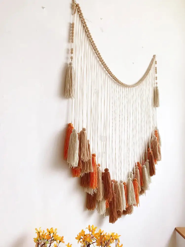 Bohemian wall decor beige & orange macrame tapestry living room art