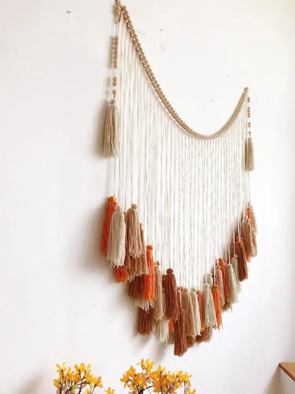 Bohemian wall decor beige & orange macrame tapestry living room art