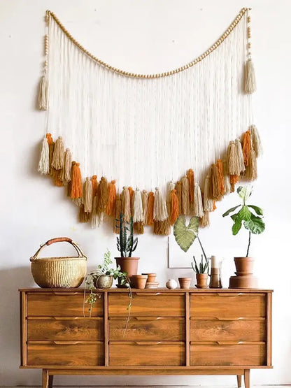 Bohemian wall decor beige & orange macrame tapestry living room art