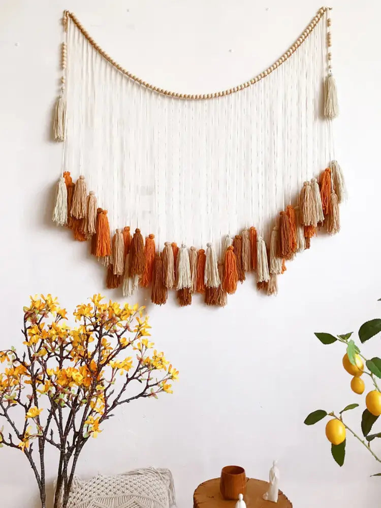 Bohemian wall decor beige & orange macrame tapestry living room art