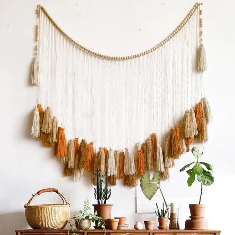 Bohemian wall decor beige & orange macrame tapestry living room art