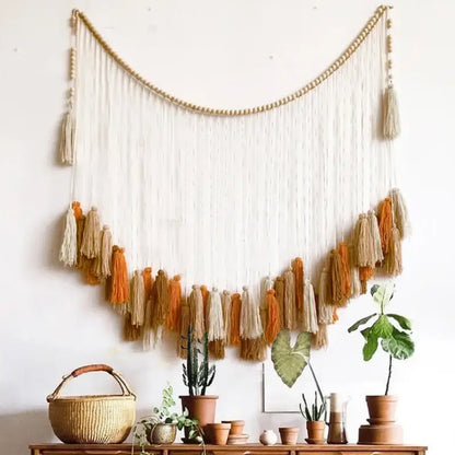 Bohemian wall decor beige & orange macrame tapestry living room art