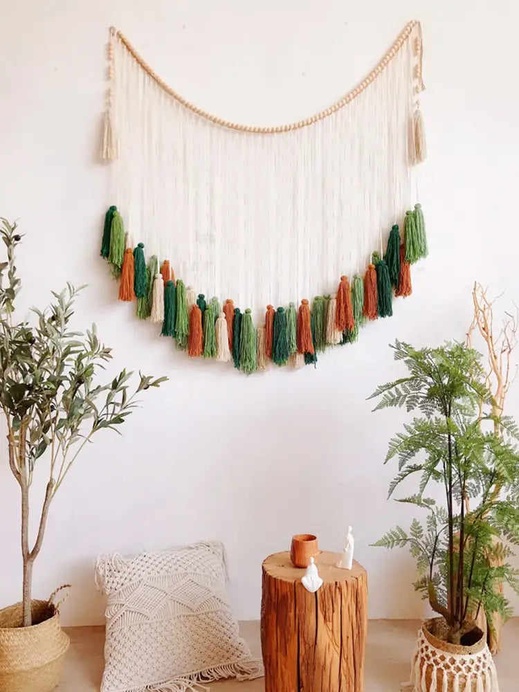 Bohemian wall decor beige & orange macrame tapestry living room art