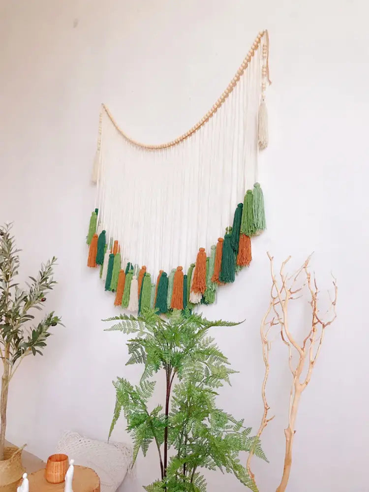Bohemian wall decor beige & orange macrame tapestry living room art