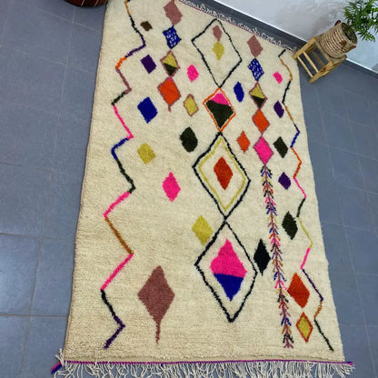 Handmade azilal rug cream colorful geometric wool – living room