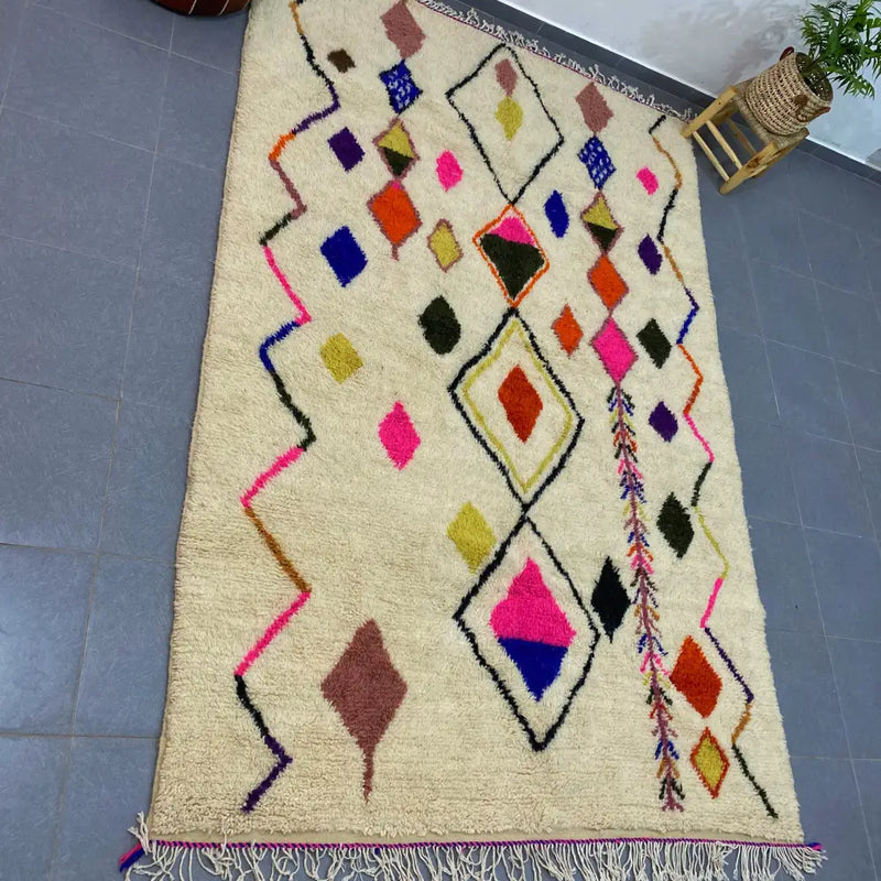 Handmade azilal rug cream colorful geometric wool – living room