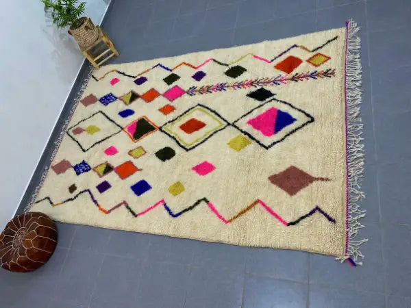 Handmade azilal rug cream colorful geometric wool – living room
