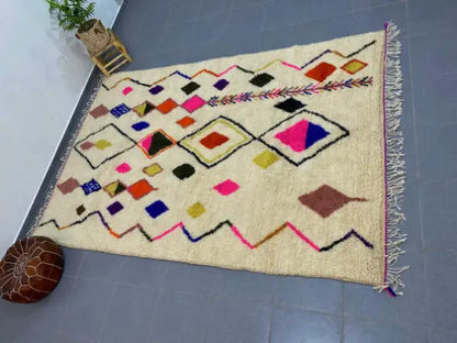 Handmade azilal rug cream colorful geometric wool – living room