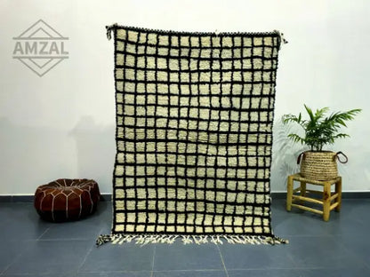 Handmade beni ouarain black & cream rug – living room grid decor