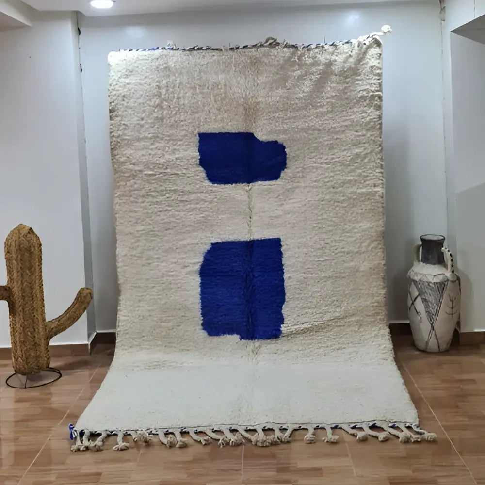 Handcrafted moroccan rug cream & blue geometric living room decor