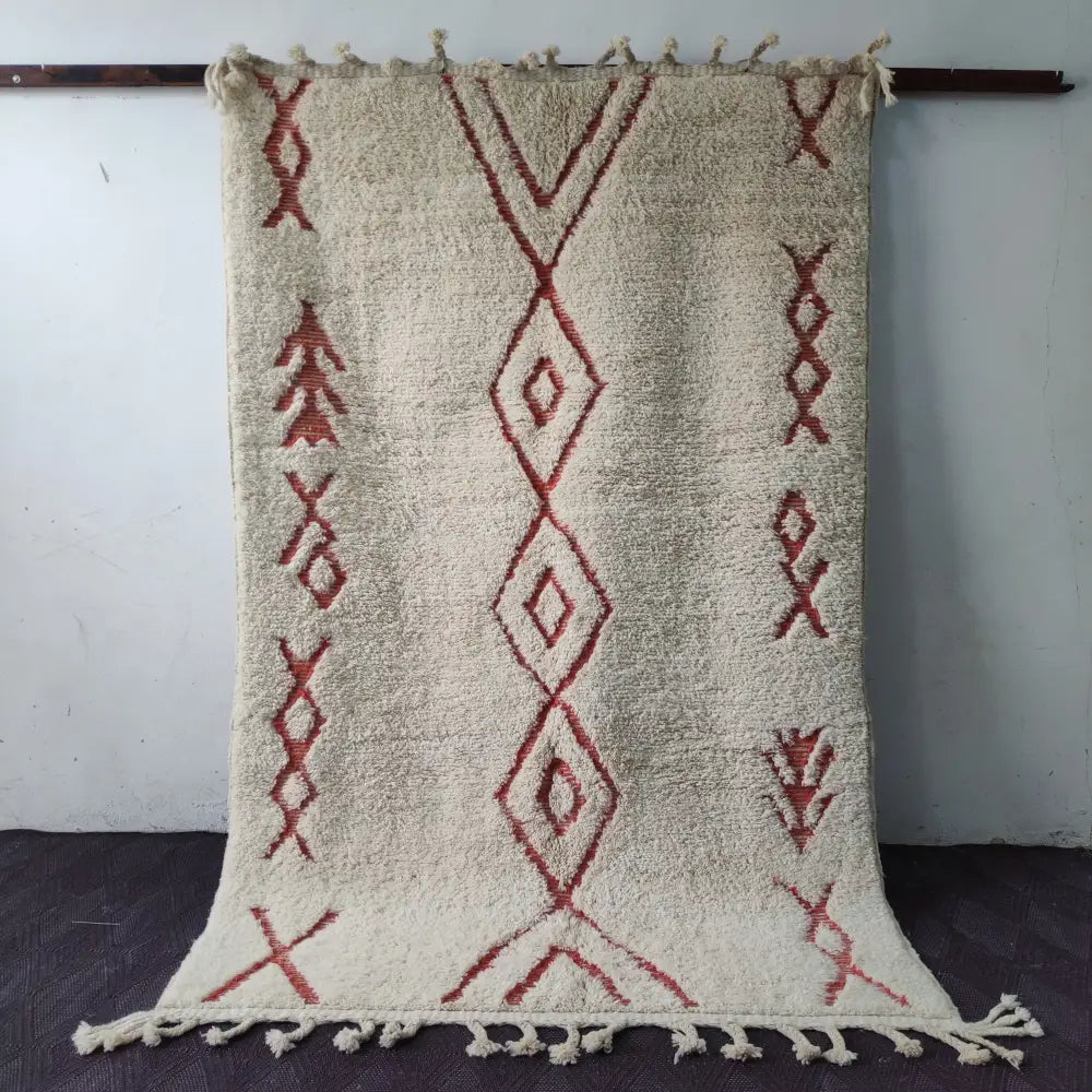 Handmade beni ouarain rug cream & red geometric bedroom decor