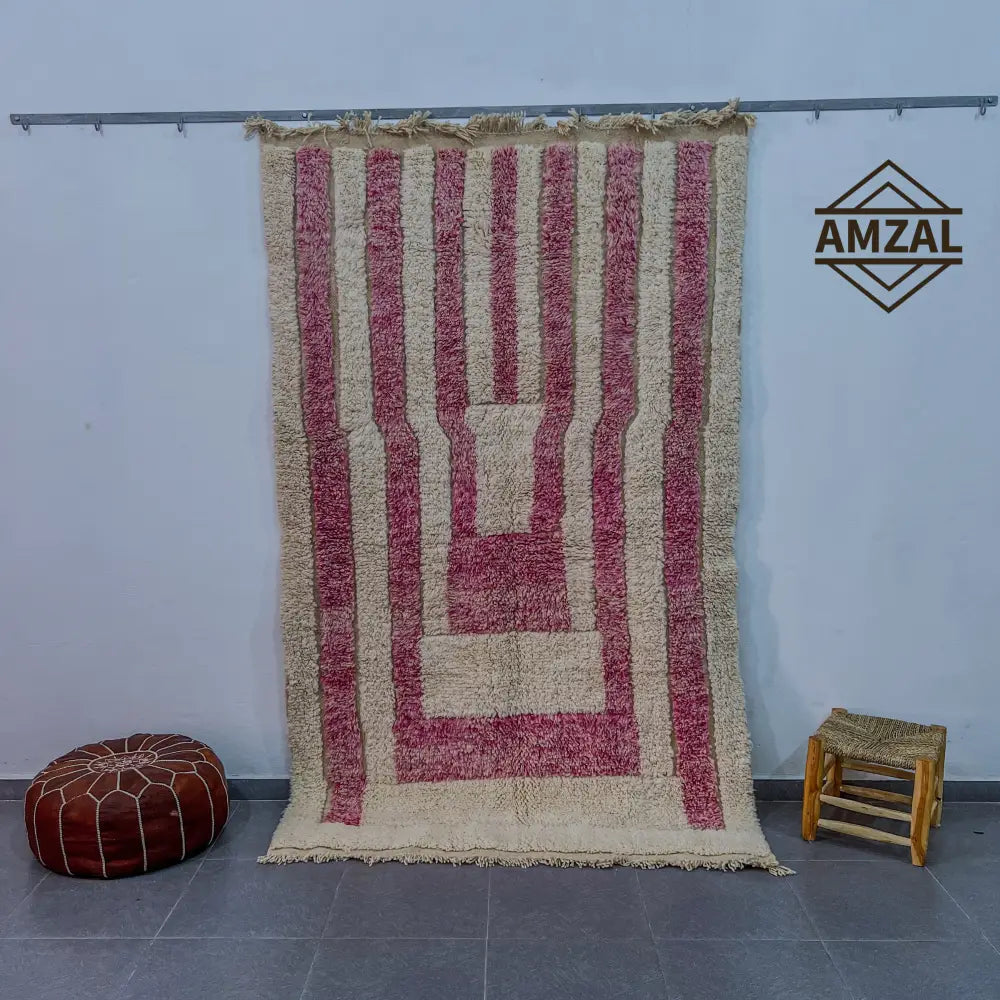 Handmade moroccan beni ouarain cream & rose striped bedroom rug
