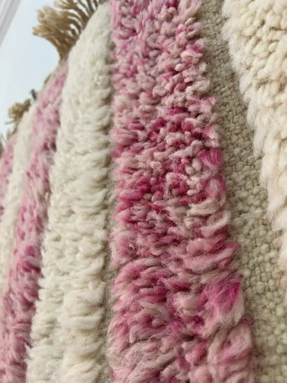 Handmade moroccan beni ouarain cream & rose striped bedroom rug