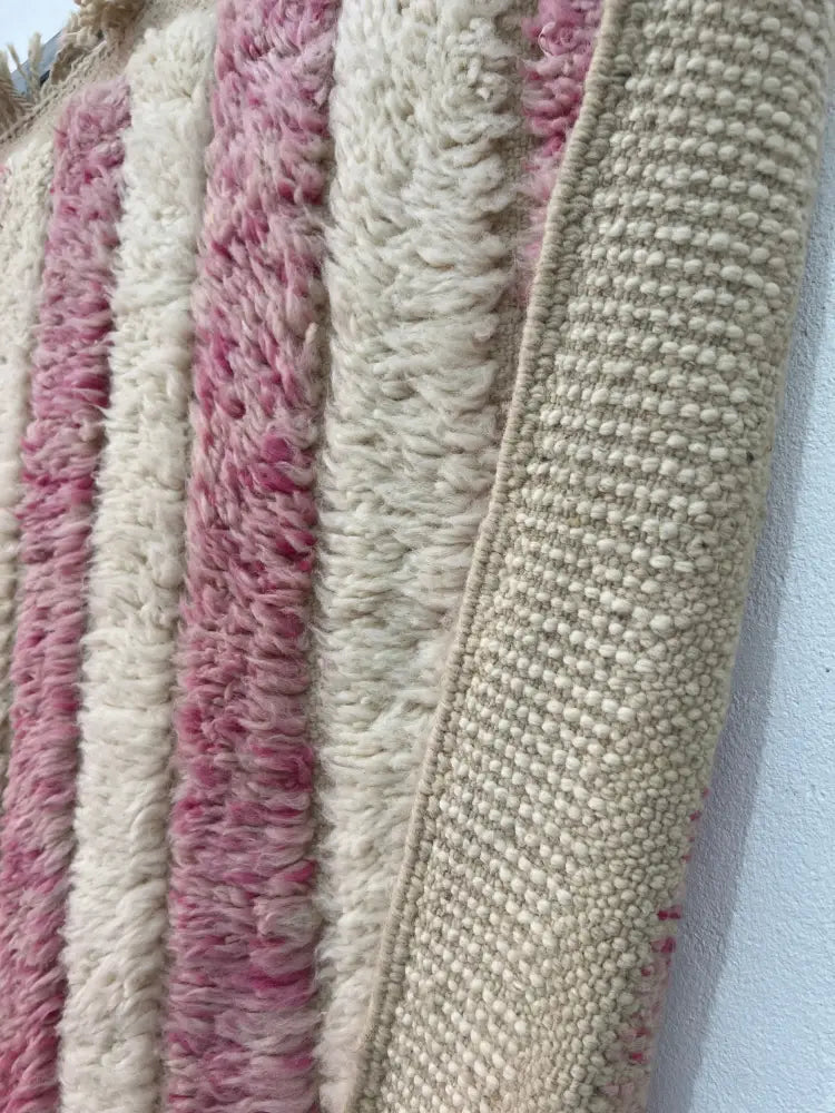 Handmade moroccan beni ouarain cream & rose striped bedroom rug