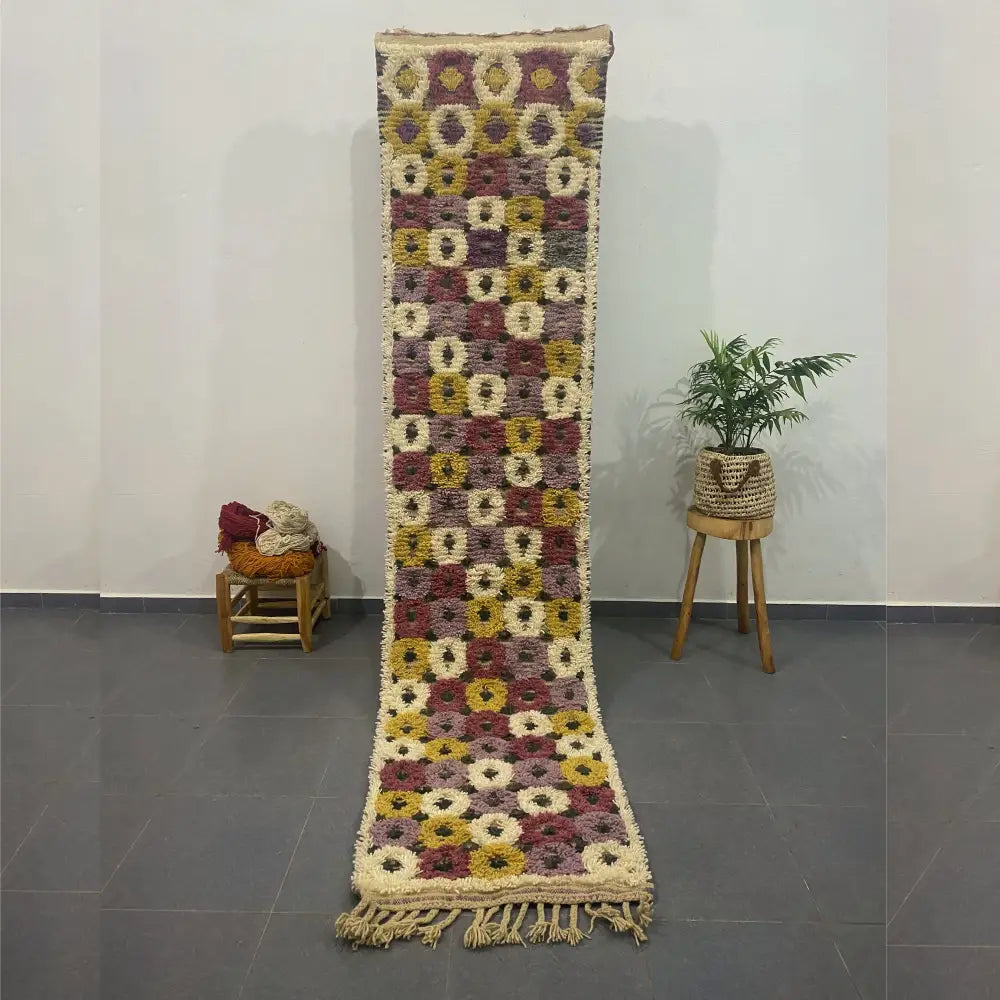 Handmade beni ouarain rug beige and mustard hallway runner