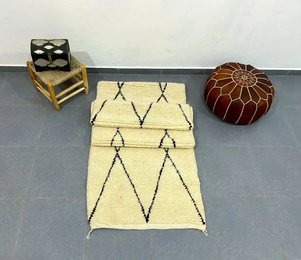 Handmade beni ouarain rug cream & black living room runner